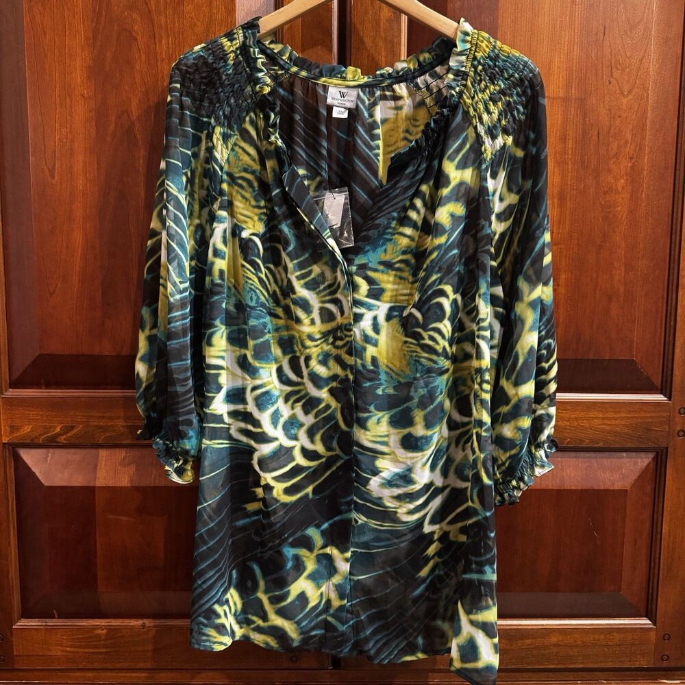 NWT Worthington Abstract Print 3/4 Smocked Sleeves Blouse Plus Size 1X